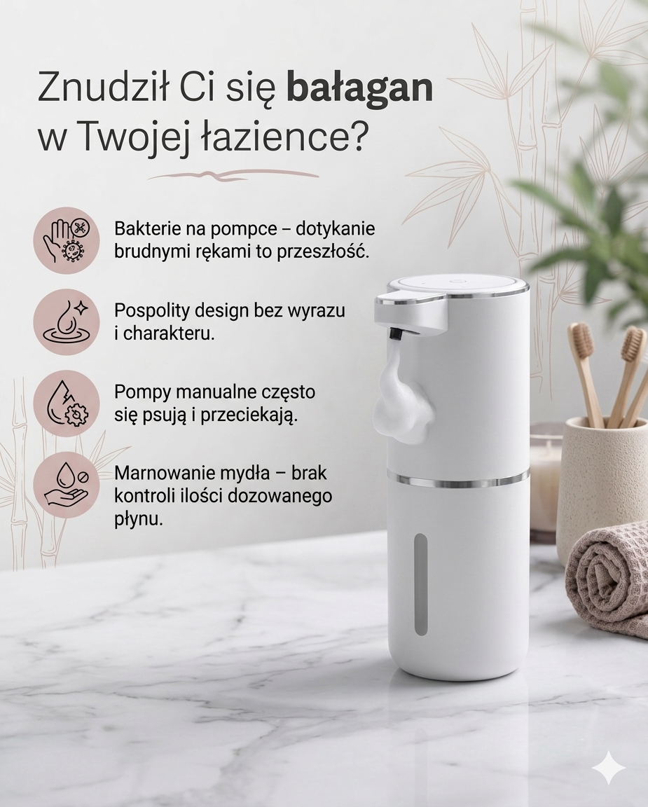 Bałagan w łazience z tradycyjnym dozownikiem